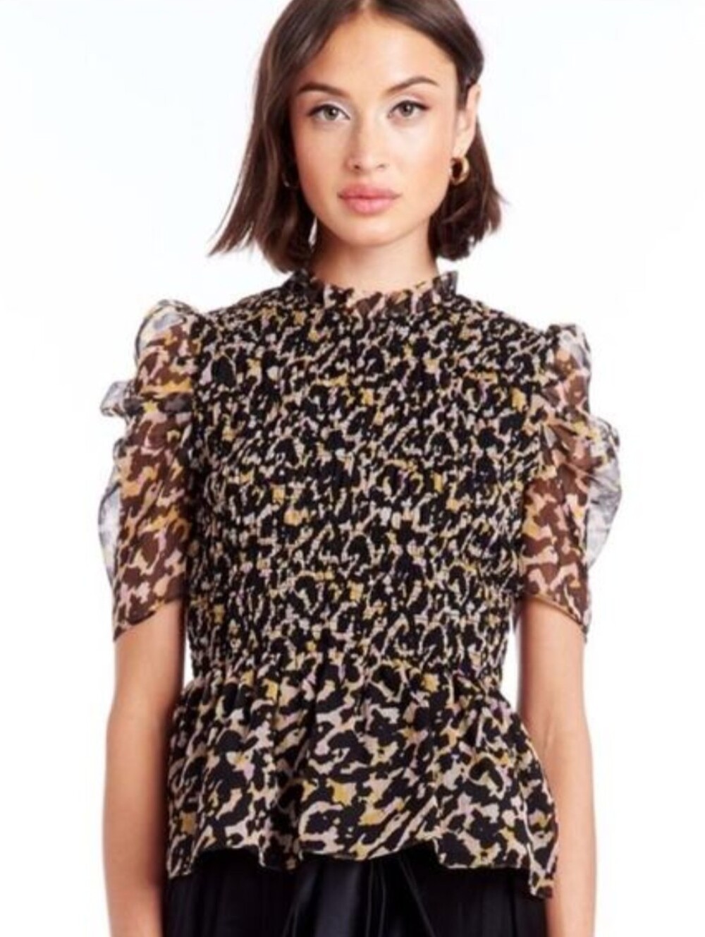 Amanda Uprichard Adrina Leopard Animal Print Smocked Blouse Puff Sleeves Large